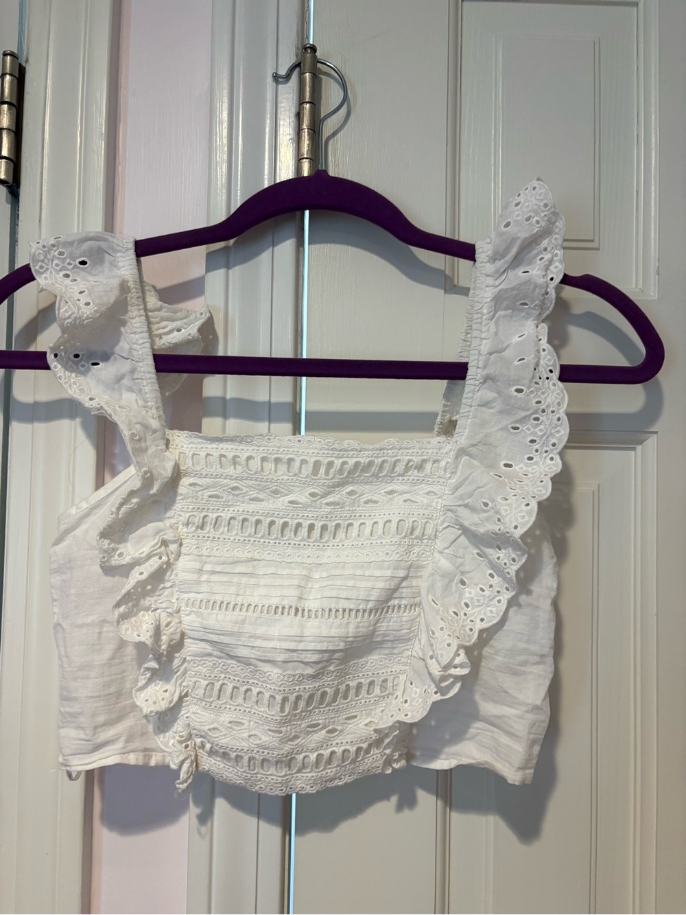 stradivarius White Eyelet Ruffle Crop Top